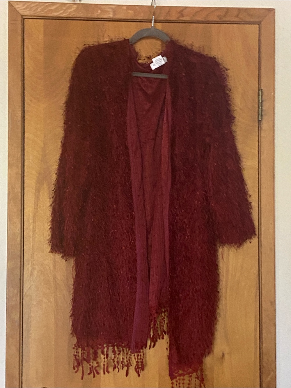 Cozy Burgundy Open-Front Fuzzy Duster Cardigan